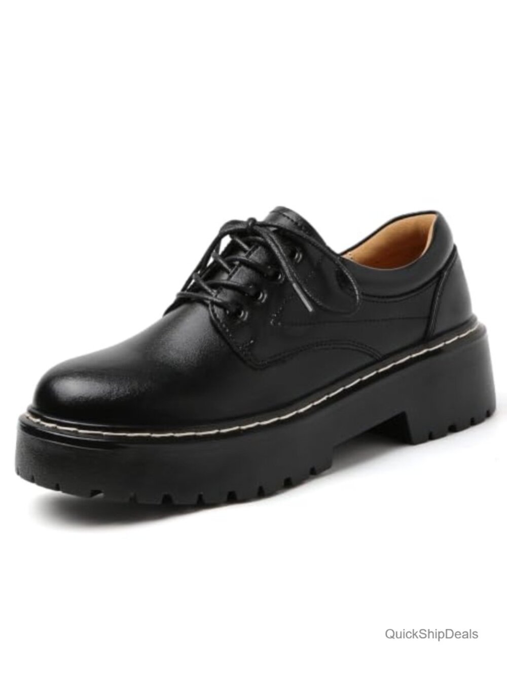 Womens Leather Platform Oxford Shoes Chunky Heel Lace Up Round Toe